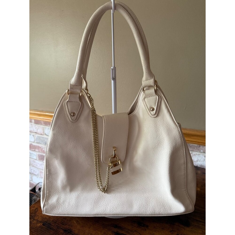 Cream Faux Leather Handbag With Gold Chain & Lock Detail Zipper Pocket Top Handl